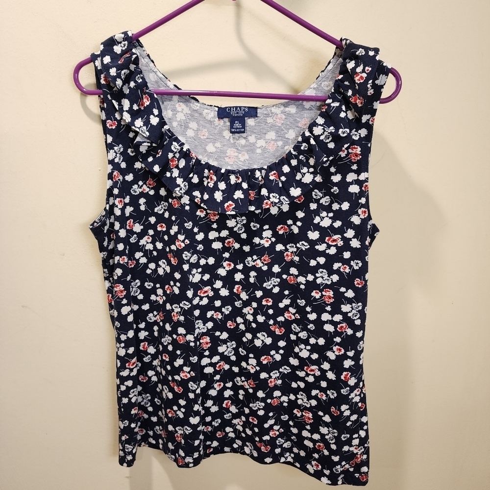 Chaps navy floral ruffled neck sleeveless 100% cotton size PL - Picture 6 of 9